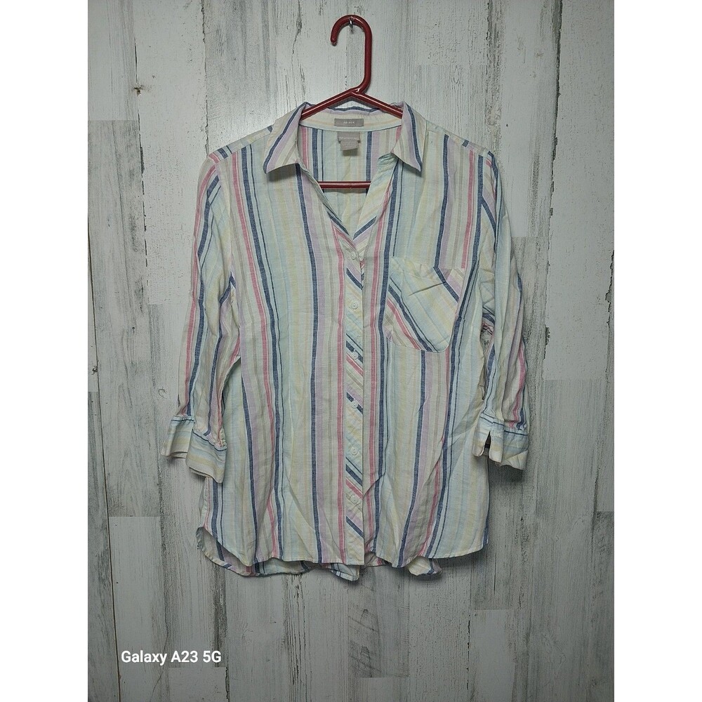 Chico's Women's Sz. 2 No Iron 100% Linen Striped Pastel Casual Button Down Shirt